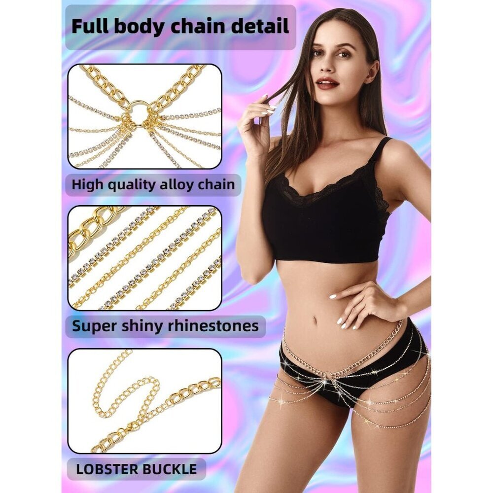 Women's 34 Inch Gold Rhinestone Jewelry Belly Waist Bikini Body Chain - Picture 2 of 4